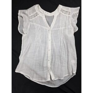 Active USA Sheer White Lace Trim Cap Sleeve‎ V Neck Button Blouse Women's Size S